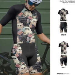 Men's Cycling Jersey with Shorts Cat Floral Botanical Short Sleeve Bike Clothing Suit with 3 Rear Pockets Mountain Bike MTB Road Bike Cycling Front Zipper Sweat wicking Comfortable Breathable Sports