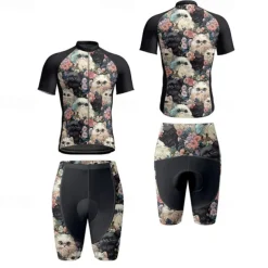 Men's Cycling Jersey with Shorts Cat Floral Botanical Short Sleeve Bike Clothing Suit with 3 Rear Pockets Mountain Bike MTB Road Bike Cycling Front Zipper Sweat wicking Comfortable Breathable Sports