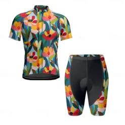 Men's Cycling Jersey with Shorts Floral Botanical Short Sleeve Bike Clothing Suit with 3 Rear Pockets Mountain Bike MTB Road Bike Cycling Front Zipper Sweat wicking Comfortable Breathable Sports