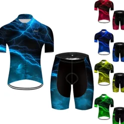 Men's Cycling Jersey with Shorts Short Sleeve Mountain Bike MTB Road Bike Cycling Red Green Black Blue Gradient Lightning 3D Bike Clothing Suit 3D Pad Breathable Quick Dry Ultraviolet Resistant