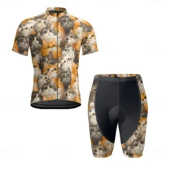 Men's Cycling Jersey with Shorts Cat Short Sleeve Bike Clothing Suit with 3 Rear Pockets Mountain Bike MTB Road Bike Cycling Front Zipper Sweat wicking Comfortable Breathable Sports Black Yellow Dark