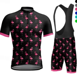 Men's Cycling Jersey with Bib Shorts Short Sleeve Mountain Bike MTB Road Bike Cycling Dark Grey Black White Graphic Flamingo Bike Clothing Suit 3D Pad Breathable Quick Dry Back Pocket Polyester