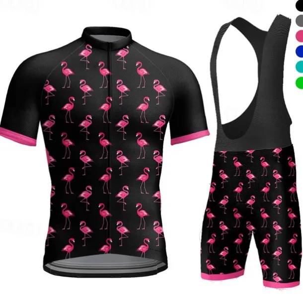 Men's Cycling Jersey with Bib Shorts Short Sleeve Mountain Bike MTB Road Bike Cycling Dark Grey Black White Graphic Flamingo Bike Clothing Suit 3D Pad Breathable Quick Dry Back Pocket Polyester