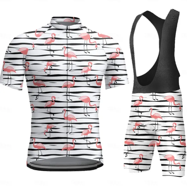 Men's Cycling Jersey with Bib Shorts Short Sleeve Mountain Bike MTB Road Bike Cycling Dark Grey Black White Graphic Flamingo Bike Clothing Suit 3D Pad Breathable Quick Dry Back Pocket Polyester