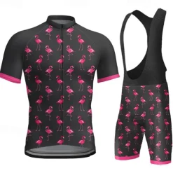 Men's Cycling Jersey with Bib Shorts Short Sleeve Mountain Bike MTB Road Bike Cycling Dark Grey Black White Graphic Flamingo Bike Clothing Suit 3D Pad Breathable Quick Dry Back Pocket Polyester
