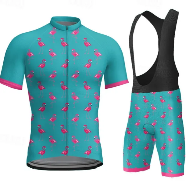 Men's Cycling Jersey with Bib Shorts Short Sleeve Mountain Bike MTB Road Bike Cycling Dark Grey Black White Graphic Flamingo Bike Clothing Suit 3D Pad Breathable Quick Dry Back Pocket Polyester
