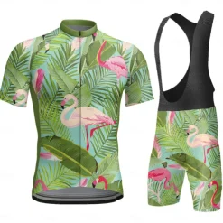 Men's Cycling Jersey with Bib Shorts Short Sleeve Mountain Bike MTB Road Bike Cycling Dark Grey Black White Graphic Flamingo Bike Clothing Suit 3D Pad Breathable Quick Dry Back Pocket Polyester