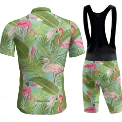 Men's Cycling Jersey with Bib Shorts Short Sleeve Mountain Bike MTB Road Bike Cycling Dark Grey Black White Graphic Flamingo Bike Clothing Suit 3D Pad Breathable Quick Dry Back Pocket Polyester