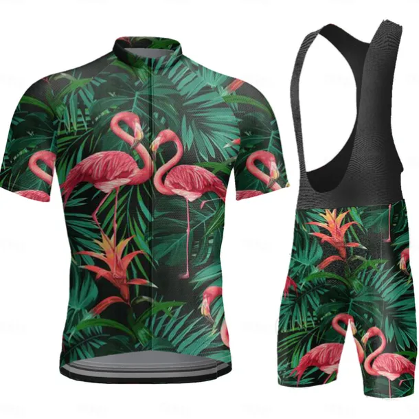 Men's Cycling Jersey with Bib Shorts Short Sleeve Mountain Bike MTB Road Bike Cycling Dark Grey Black White Graphic Flamingo Bike Clothing Suit 3D Pad Breathable Quick Dry Back Pocket Polyester