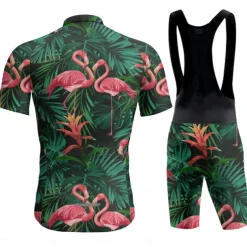 Men's Cycling Jersey with Bib Shorts Short Sleeve Mountain Bike MTB Road Bike Cycling Dark Grey Black White Graphic Flamingo Bike Clothing Suit 3D Pad Breathable Quick Dry Back Pocket Polyester