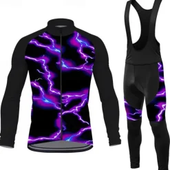 Men's Cycling Jersey with Bib Tights Lightning Long Sleeve Bike Bib Tights Top Clothing Suit with 3 Rear Pockets Mountain Bike MTB Road Bike Cycling Sweat wicking Comfortable Breathable Sports Red