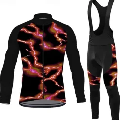 Men's Cycling Jersey with Bib Tights Lightning Long Sleeve Bike Bib Tights Top Clothing Suit with 3 Rear Pockets Mountain Bike MTB Road Bike Cycling Sweat wicking Comfortable Breathable Sports Red