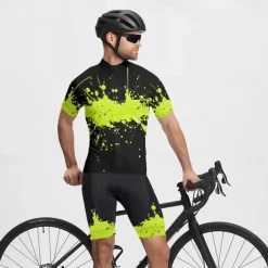 Men's Cycling Jersey with Shorts Graffiti Short Sleeve Bike Clothing Suit with 3 Rear Pockets Mountain Bike MTB Road Bike Cycling Front Zipper Sweat wicking Comfortable Breathable Sports Yellow Blue