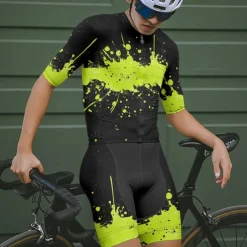 Men's Cycling Jersey with Shorts Graffiti Short Sleeve Bike Clothing Suit with 3 Rear Pockets Mountain Bike MTB Road Bike Cycling Front Zipper Sweat wicking Comfortable Breathable Sports Yellow Blue