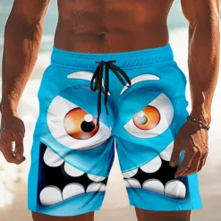 Men's 3D Cartoon Smile Face Big Eyes Swim Trunks Swim Shorts Board Shorts Mid Waist Funny Outdoor Vacation Dailywear Side Pockets Mesh Lining Elastic Drawstring Waist Designer Clothing Apparel