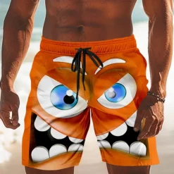 Men's 3D Cartoon Smile Face Big Eyes Swim Trunks Swim Shorts Board Shorts Mid Waist Funny Outdoor Vacation Dailywear Side Pockets Mesh Lining Elastic Drawstring Waist Designer Clothing Apparel