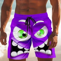 Men's 3D Cartoon Smile Face Big Eyes Swim Trunks Swim Shorts Board Shorts Mid Waist Funny Outdoor Vacation Dailywear Side Pockets Mesh Lining Elastic Drawstring Waist Designer Clothing Apparel
