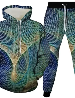 Men's 3D Geometic 2pcs 3D Sweatshirt Sets Tracksuit Hoodie Sweatshirt Long Sleeve Long pants Hooded Casual Daily Athleisure 3D Print Spring Fall Winter Robin's Egg Blue Pink Rainbow
