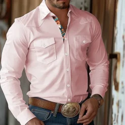 Men's 3D Print Ethnic Western Shirt Button Up Shirt Cowboy Shirt Long Sleeve Western Vintage Retro Outdoor Casual Spring Fall Turndown Collared Shirts Front Two Pockets Light Blue White Pink