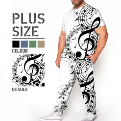 Men's 3D Print Graphic Prints Musical Notes 2pcs Tees sets Matching Sets Short Sleeve Long pants Crew Neck Fashion Streetwear Casual Outdoor Daily Sports 3D Print Spring & Summer White Blue Brown