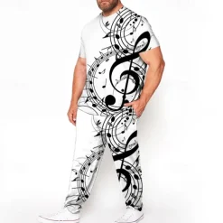 Men's 3D Print Graphic Prints Musical Notes 2pcs Tees sets Matching Sets Short Sleeve Long pants Crew Neck Fashion Streetwear Casual Outdoor Daily Sports 3D Print Spring & Summer White Blue Brown