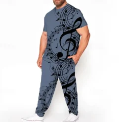 Men's 3D Print Graphic Prints Musical Notes 2pcs Tees sets Matching Sets Short Sleeve Long pants Crew Neck Fashion Streetwear Casual Outdoor Daily Sports 3D Print Spring & Summer White Blue Brown