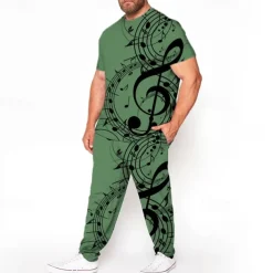 Men's 3D Print Graphic Prints Musical Notes 2pcs Tees sets Matching Sets Short Sleeve Long pants Crew Neck Fashion Streetwear Casual Outdoor Daily Sports 3D Print Spring & Summer White Blue Brown