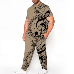 Men's 3D Print Graphic Prints Musical Notes 2pcs Tees sets Matching Sets Short Sleeve Long pants Crew Neck Fashion Streetwear Casual Outdoor Daily Sports 3D Print Spring & Summer White Blue Brown