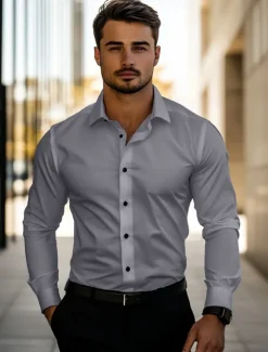 Men's Daily Dress Casual Shirt Homecoming Standard Fit Long Sleeve Lapel Summer Solid Color Polyester Black White Grey 2025