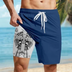 Men's Dark Celtic Cross Halloween Costumes Lined Shorts 2 in 1 Board Shorts Swim Shorts Mid Waist Hawaiian Retro Vintage Holiday Streetwear Side Pockets With Compression Liner Elastic Drawstring Waist