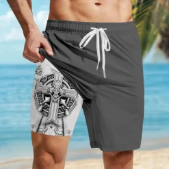 Men's Dark Celtic Cross Halloween Costumes Lined Shorts 2 in 1 Board Shorts Swim Shorts Mid Waist Hawaiian Retro Vintage Holiday Streetwear Side Pockets With Compression Liner Elastic Drawstring Waist