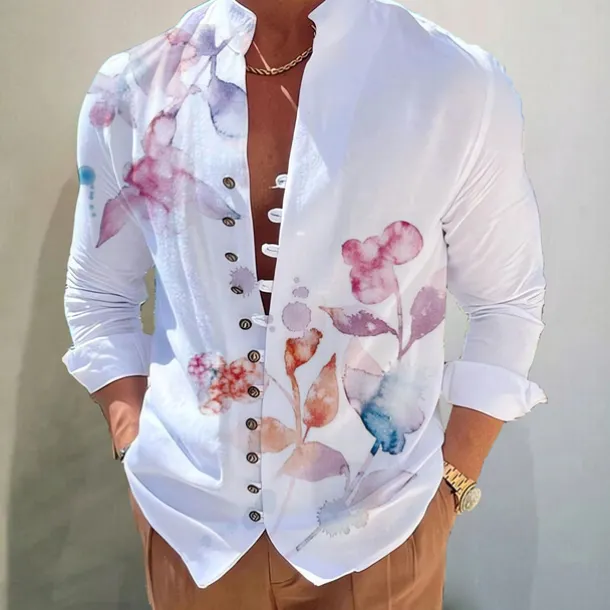 Men's Dark Shirt Aloha Shirt Long Sleeve Fashion Designer Casual Vacation Daily Going out Fall Autumn / Fall Spring & Summer Stand Collar Print Black Black / Red Army Green Red Navy Blue