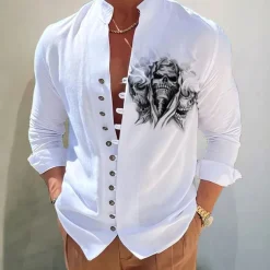 Men's Dark Shirt Aloha Shirt Long Sleeve Fashion Designer Casual Vacation Daily Going out Fall Autumn / Fall Spring & Summer Stand Collar Print Black Black / Red Army Green Red Navy Blue