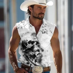 Men's Dark Skulls Shirt Western Shirt Cowboy Shirt Sleeveless Western Style Outdoor Work Causal Summer Spring Turndown 3D Print Button Up Shirts White Blue Green Khaki Gray