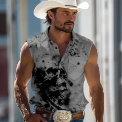 Men's Dark Skulls Shirt Western Shirt Cowboy Shirt Sleeveless Western Style Outdoor Work Causal Summer Spring Turndown 3D Print Button Up Shirts White Blue Green Khaki Gray