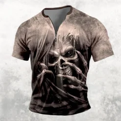 Men's Dark T shirt Short Sleeve T shirt 3D Print Half Zip Shirt Retro Vintage Street Casual Daily Black Blue Brown Summer Spring Clothing Apparel S M L XL XXL XXXL