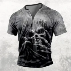 Men's Dark T shirt Short Sleeve T shirt 3D Print Half Zip Shirt Retro Vintage Street Casual Daily Black Blue Brown Summer Spring Clothing Apparel S M L XL XXL XXXL