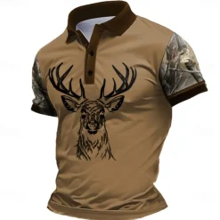 Men's Deer Polo Short Sleeve Polo Shirts Collared Shirts Casual School Outdoor Daily Wear Home Wear 3D Print Summer Spring Fall Dark Brown Black Brown
