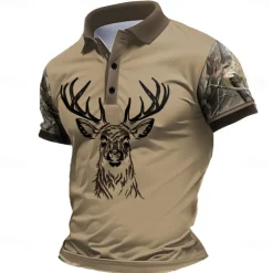 Men's Deer Polo Short Sleeve Polo Shirts Collared Shirts Casual School Outdoor Daily Wear Home Wear 3D Print Summer Spring Fall Dark Brown Black Brown
