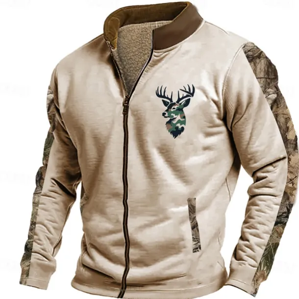 Men's Deer Sweatshirt Sweatshirt Zip Sweatshirt Long Sleeve Sweatshirt Stand Collar Zip Fashion Daily Simple Print Vacation Holiday Going out Pocket Front Zipper Winter