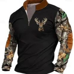Men's Deer Sweatshirt Zip Sweatshirt Long Sleeve Sweatshirt Quarter Zip Daily Basic Print Sports Outdoor Travel Zip Up Spring & Fall