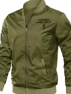 Men's Denim Bomber Jacket Coat Outdoor Sports Vintage Casual Daily Wear Vacation Going out Printing Fall & Winter Standing Collar Long Sleeve Army Green