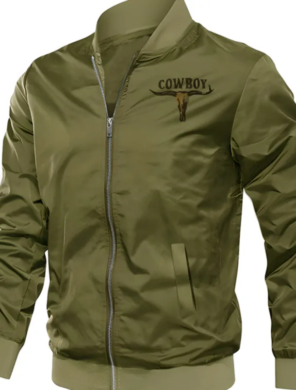 Men's Denim Bomber Jacket Coat Outdoor Sports Vintage Casual Daily Wear Vacation Going out Printing Fall & Winter Standing Collar Long Sleeve Army Green