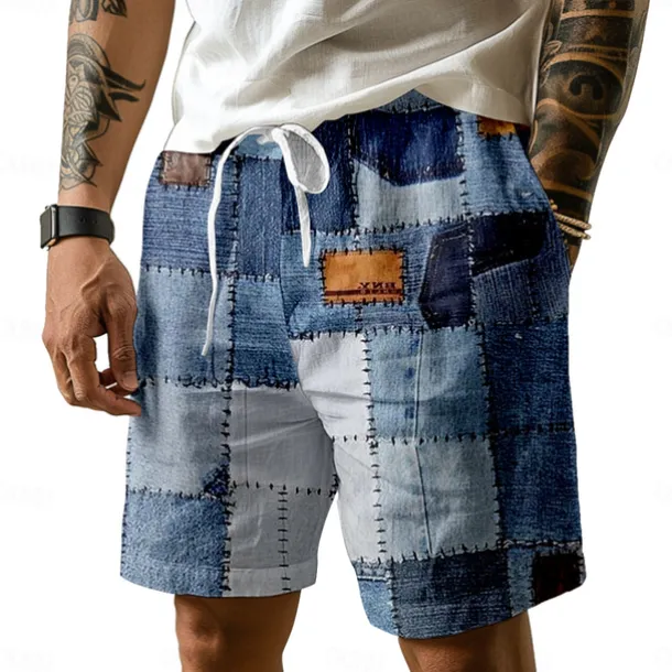Men's Denim Color block stitching Swim Trunks Swim Shorts Board Shorts Mid Waist Hawaiian Casual Holiday Beach Drawstring with Mesh lining Elastic Waist Designer Clothing Apparel