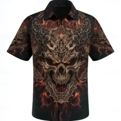Men's Devil Flame Halloween Costumes Shirt Cuban Collar Shirt Button Up Shirt Short Sleeve Dark Punk Gothic Style Vacation Holiday Streetwear Summer Camp Collar Shirt 3D Print Black 1 Black Black 2