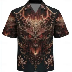 Men's Devil Flame Halloween Costumes Shirt Cuban Collar Shirt Button Up Shirt Short Sleeve Dark Punk Gothic Style Vacation Holiday Streetwear Summer Camp Collar Shirt 3D Print Black 1 Black Black 2