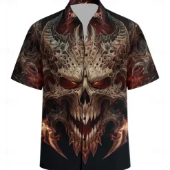 Men's Devil Flame Halloween Costumes Shirt Cuban Collar Shirt Button Up Shirt Short Sleeve Dark Punk Gothic Style Vacation Holiday Streetwear Summer Camp Collar Shirt 3D Print Black 1 Black Black 2