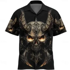 Men's Devil Flame Halloween Costumes Shirt Cuban Collar Shirt Button Up Shirt Short Sleeve Dark Punk Gothic Style Holiday Streetwear Summer Camp Collar Shirt 3D Print Black 1 Black Black 2