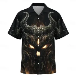 Men's Devil Flame Halloween Costumes Shirt Cuban Collar Shirt Button Up Shirt Short Sleeve Dark Punk Gothic Style Holiday Streetwear Summer Camp Collar Shirt 3D Print Black 1 Black Black 2