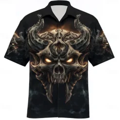 Men's Devil Flame Halloween Costumes Shirt Cuban Collar Shirt Button Up Shirt Short Sleeve Dark Punk Gothic Style Holiday Streetwear Summer Camp Collar Shirt 3D Print Black 1 Black Black 2